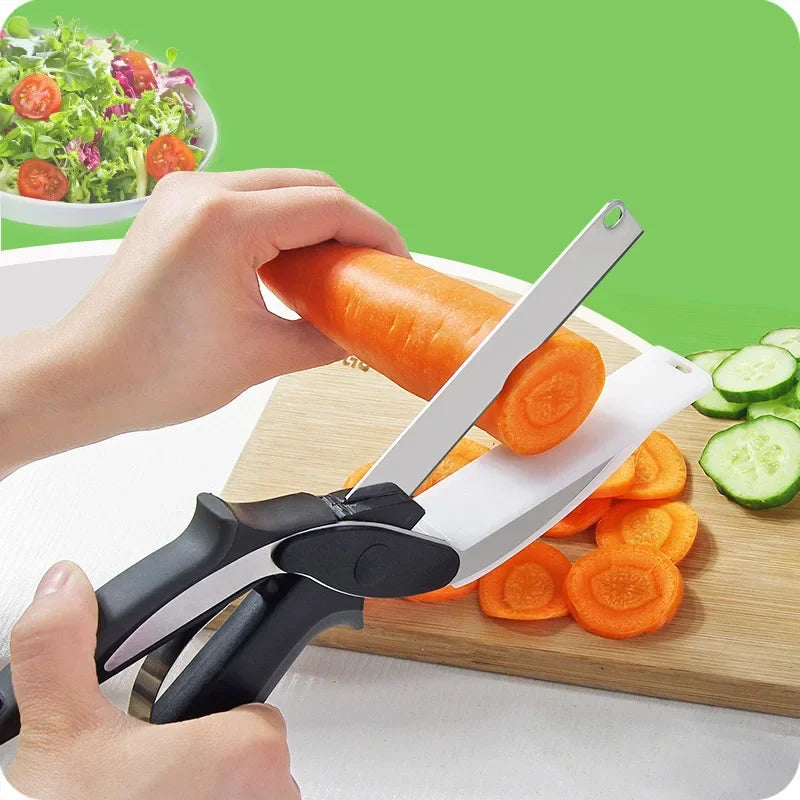 Professional title: ```Multifunctional Stainless Steel Kitchen Scissors with Built-in Cutting Board for Chopping Fruits and Vegetables```